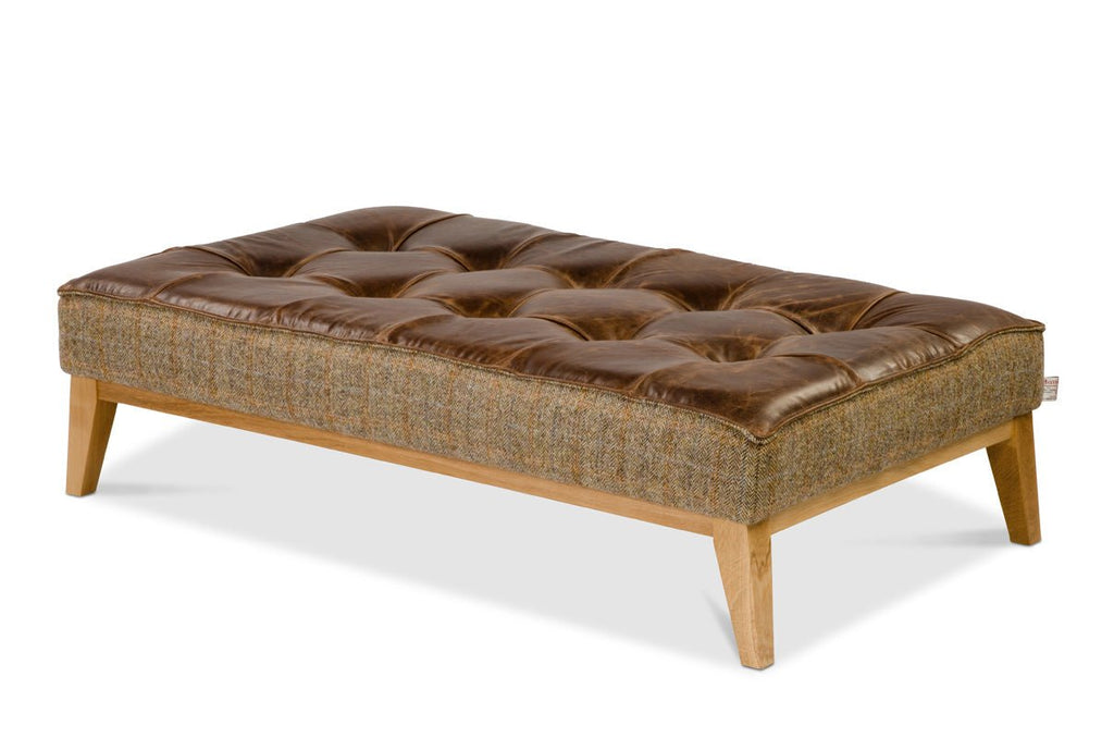 Regalia Aniline Leather and Harris Tweed Fabric Footstool - Uneeka