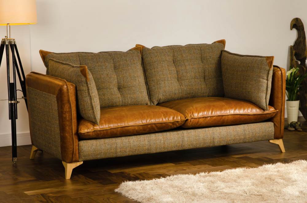 Regalia Aniline Leather and Harris Tweed Fabric Sofa - Uneeka