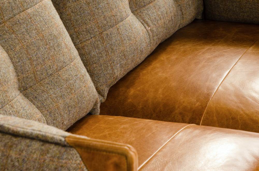 Regalia Aniline Leather and Harris Tweed Fabric Sofa - Uneeka