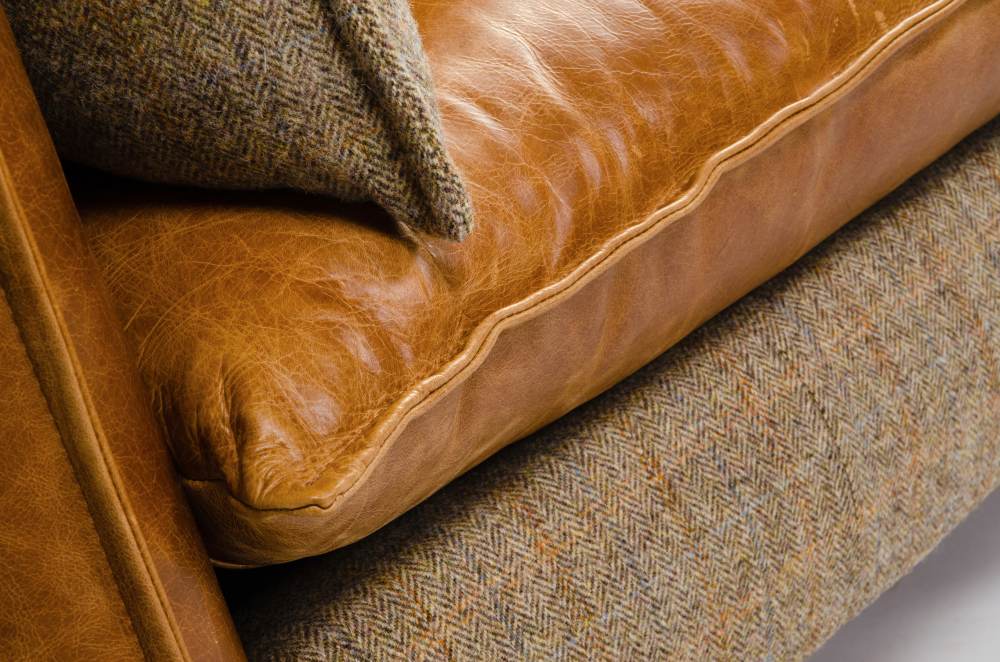 Regalia Aniline Leather and Harris Tweed Fabric Sofa - Uneeka