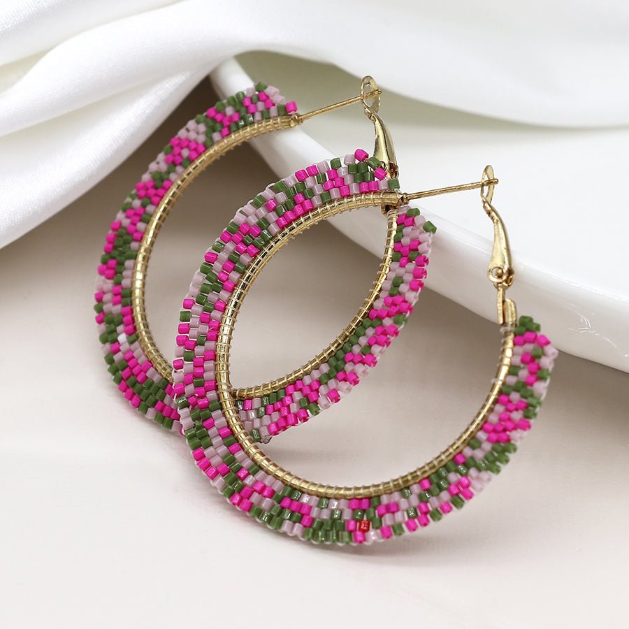 Retro Coloured Bead Gold Hoops - 04262 - Uneeka