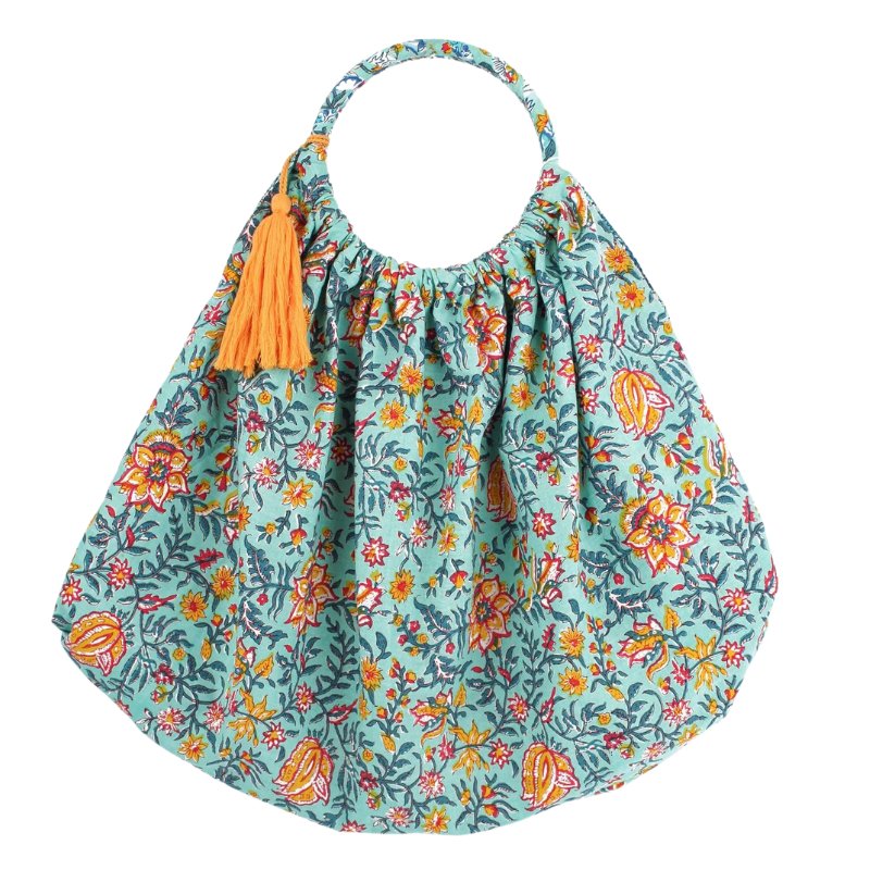 Reversible Block Print Tassel Bag - BAGPACK01 - TURQUOISE BAG0284 - Uneeka