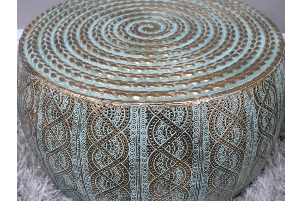 Round Brass & Blue Tone Intricate Detail Side Table - 8529 - SMALL - Uneeka