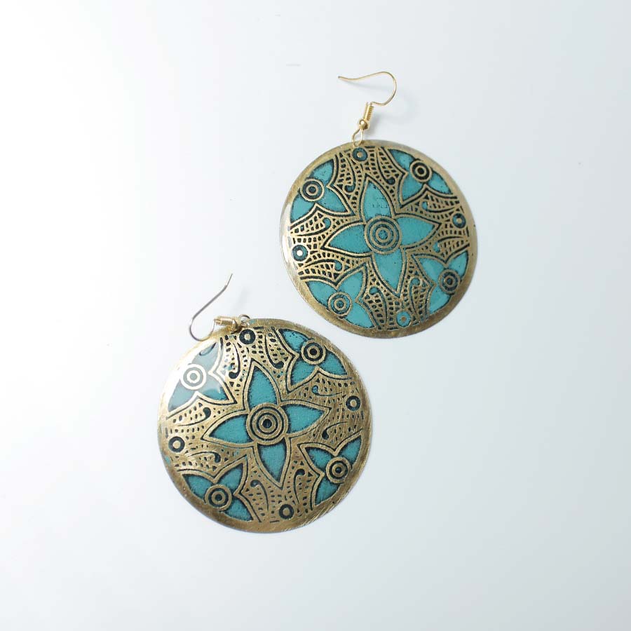 Round Brass Gold & Blue Floral Earrings - ASH2273 - Uneeka