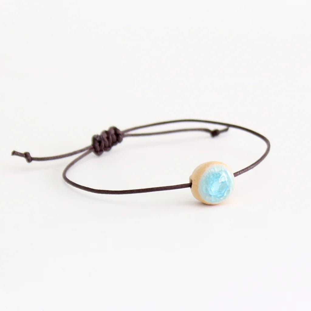 Round Glazed Glass Pendant Brown Cord Bracelet - 100 - BROWN - AQUA - Uneeka