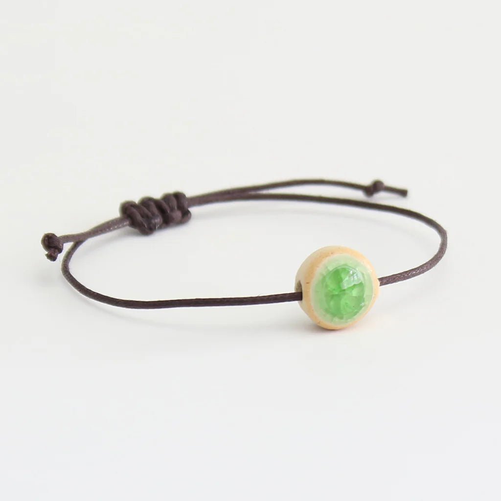 Round Glazed Glass Pendant Brown Cord Bracelet - 100 - BROWN - EMERALD - Uneeka