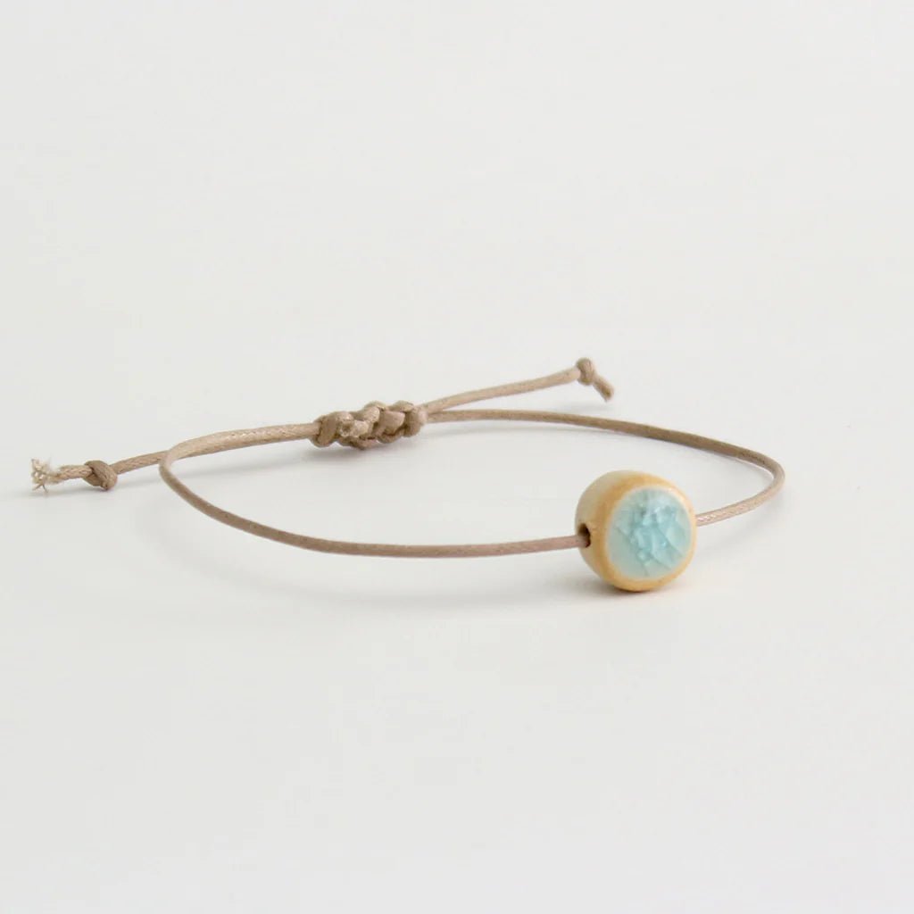 Round Glazed Glass Pendant Natural Cord Bracelet - 100 - NATURAL - AQUA - Uneeka
