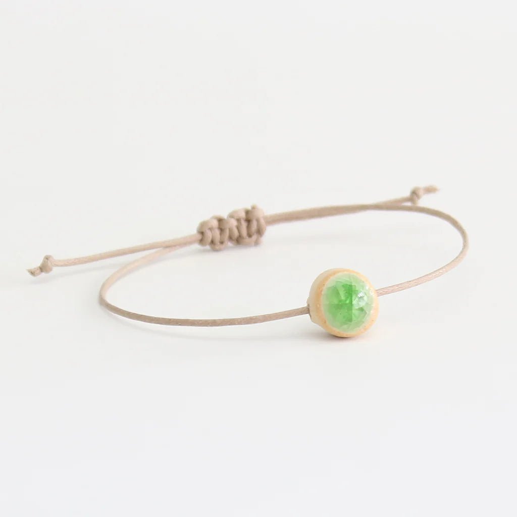 Round Glazed Glass Pendant Natural Cord Bracelet - 100 - NATURAL - EMERALD - Uneeka