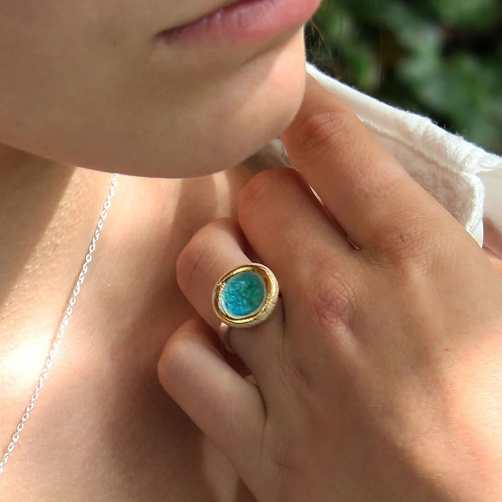 Round Glazed Glass Pendant Sterling Silver Adjustable Ring - 50SG - Reef Blue - Uneeka