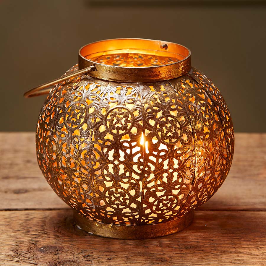 Rounded Gold Finish Metal Cutwork Lantern - LT182 - Uneeka