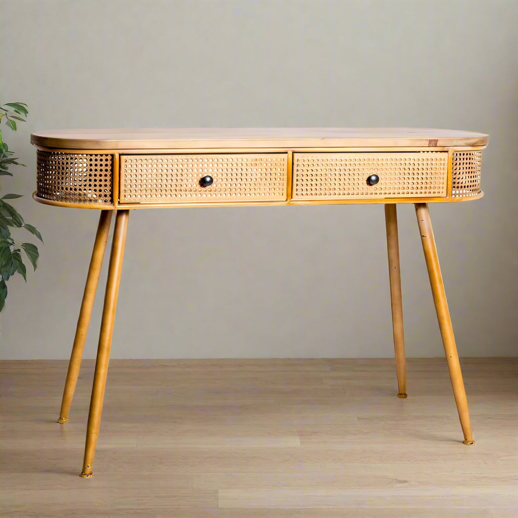 Rustic Metal and Wood Retro Desk With Rattan Effect - DTC46 - Uneeka