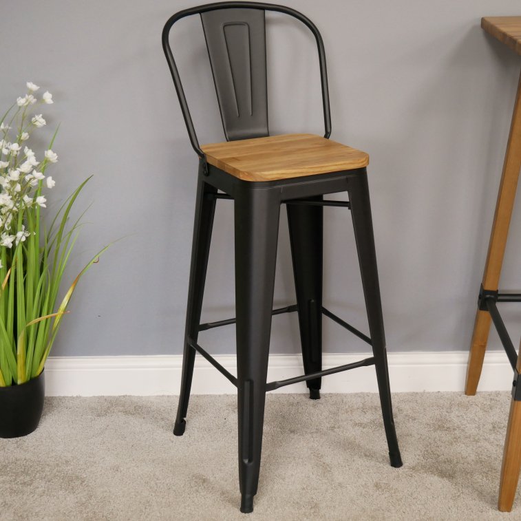 Rustic Steel & Elm Wood Bar Stool - 6414 - Uneeka