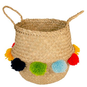 Seagrass Basket With Multi Colour Pom Poms - bsk30 - Uneeka