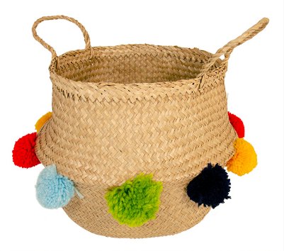 Seagrass Basket With Multi Colour Pom Poms - BSKL30 - Uneeka