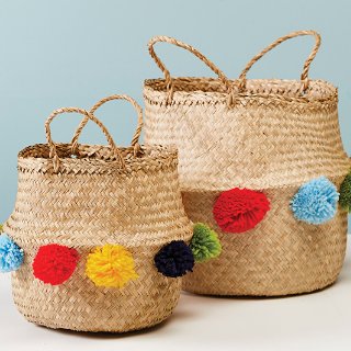 Seagrass Basket With Multi Colour Pom Poms - BSKL30 - Uneeka