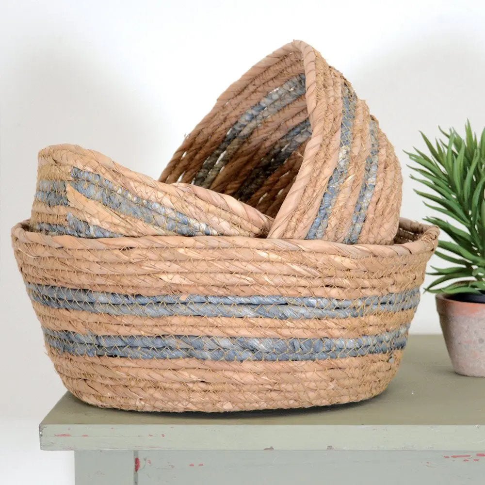 Seagrass Baskets Round Light Charcoal Stripe - HY889 - L - Uneeka