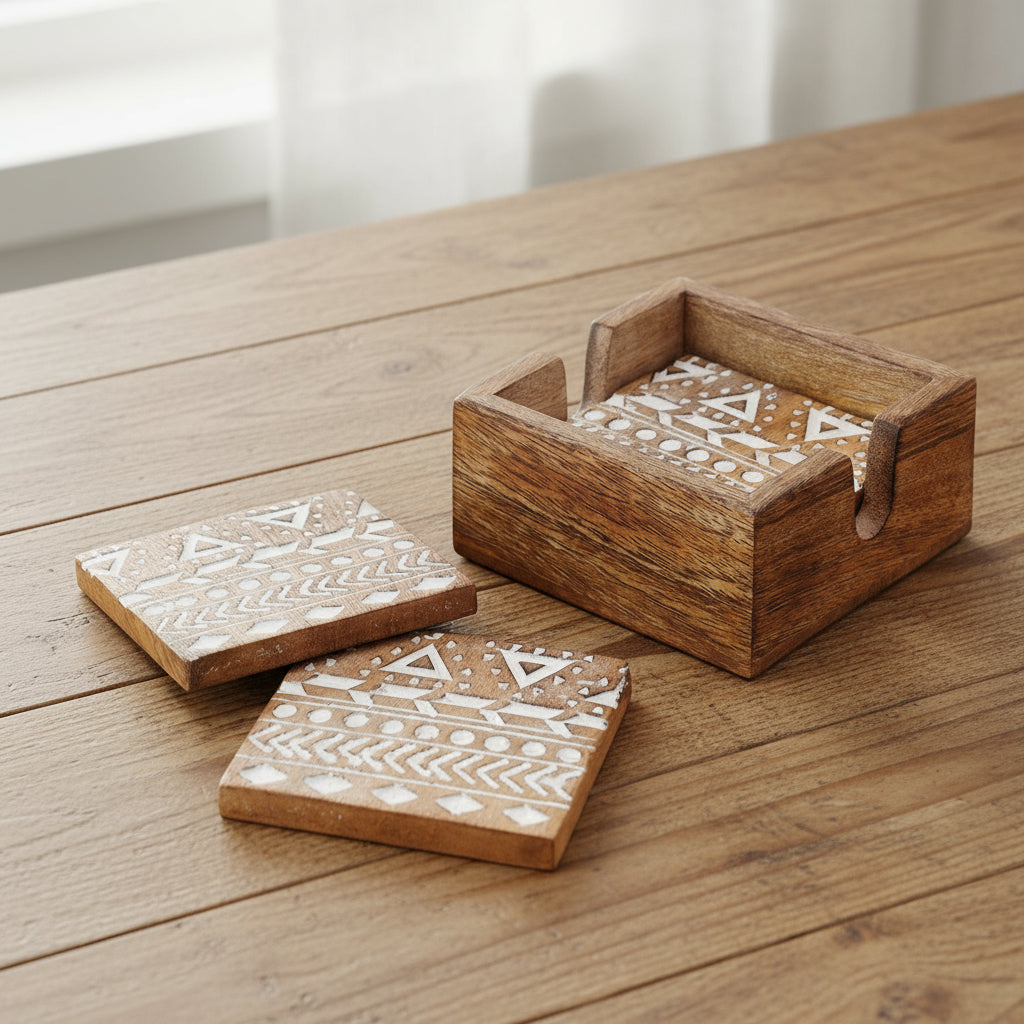 Set Of 4 Aztec Carved Wooden Coasters & Holder - CO200 - Uneeka