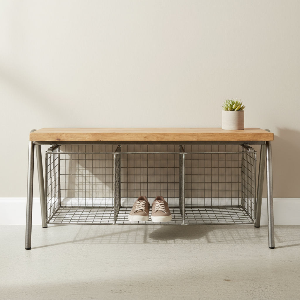 Shoe Storage Bench With Wooden Top and Metal Base - 6360 - Uneeka