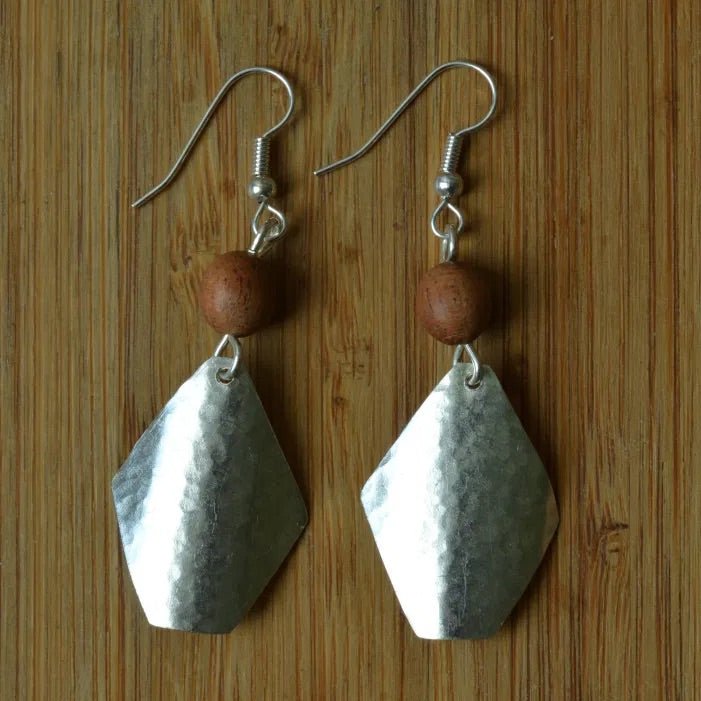 Silver Plate Soft Triangle & Wood Bead Earrings - JEMS14 - Uneeka