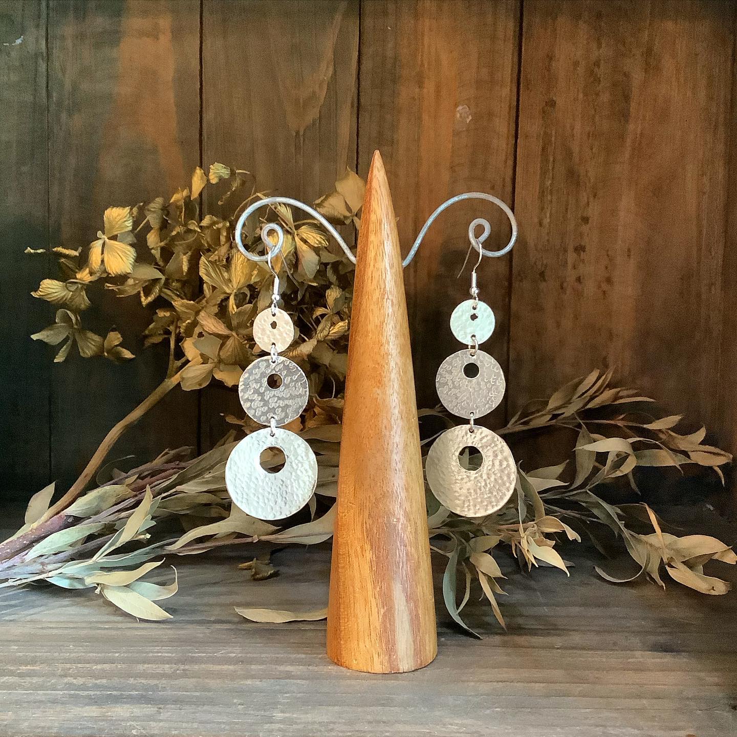 Silver Plate Three Circle Large Drop Earrings - JELS2 - Uneeka