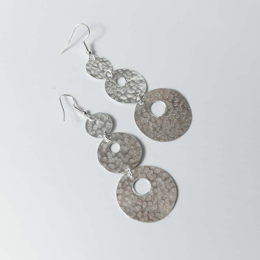 Silver Plate Three Circle Large Drop Earrings - JELS2 - Uneeka