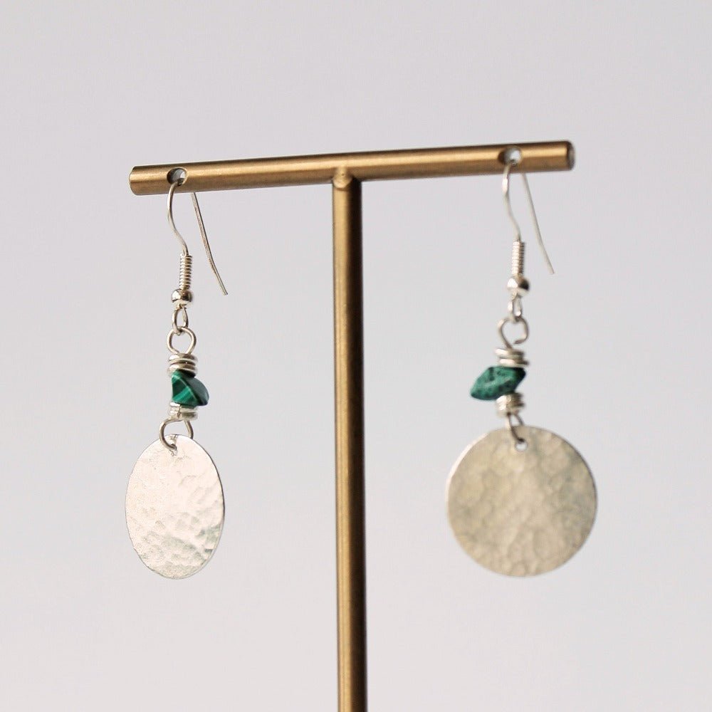 Silver Plated Disc and Green Malachite Chip Earrings - JEMS56 - Uneeka