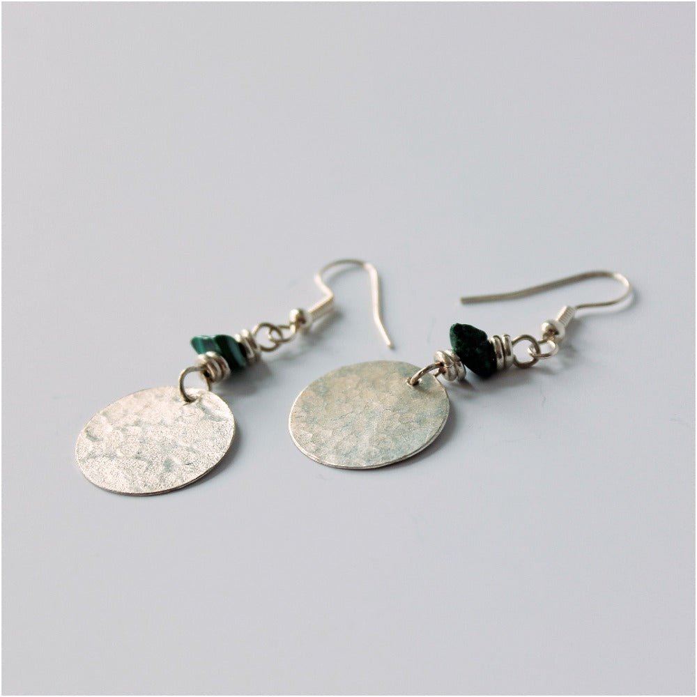 Silver Plated Disc and Green Malachite Chip Earrings - JEMS56 - Uneeka