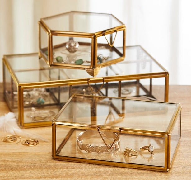 Single Compartment Glass & Antique Brass Finish Box - JBX04 - Uneeka