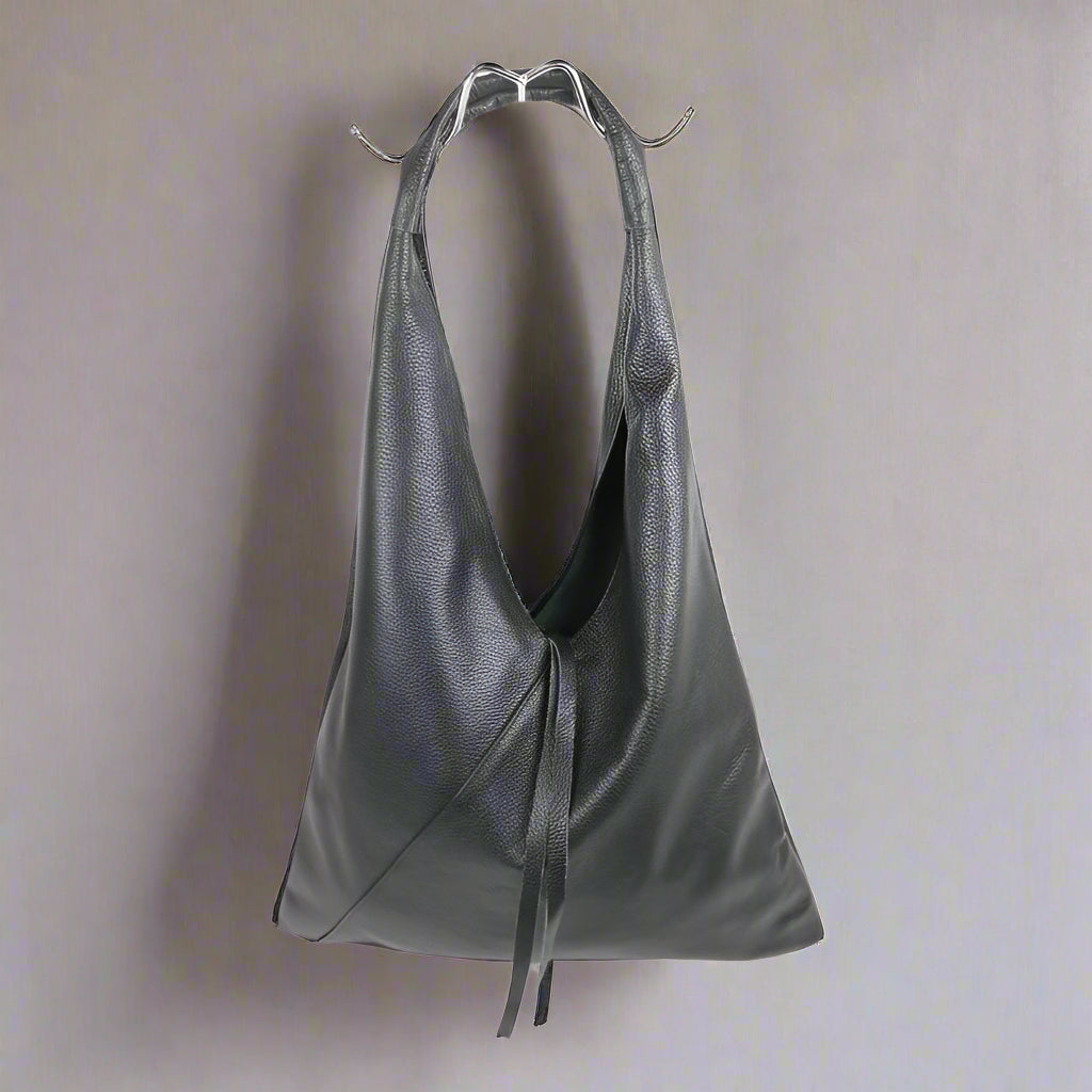 Slouchy Style Leather Shoulder Bag - M589Grain - BL - Uneeka