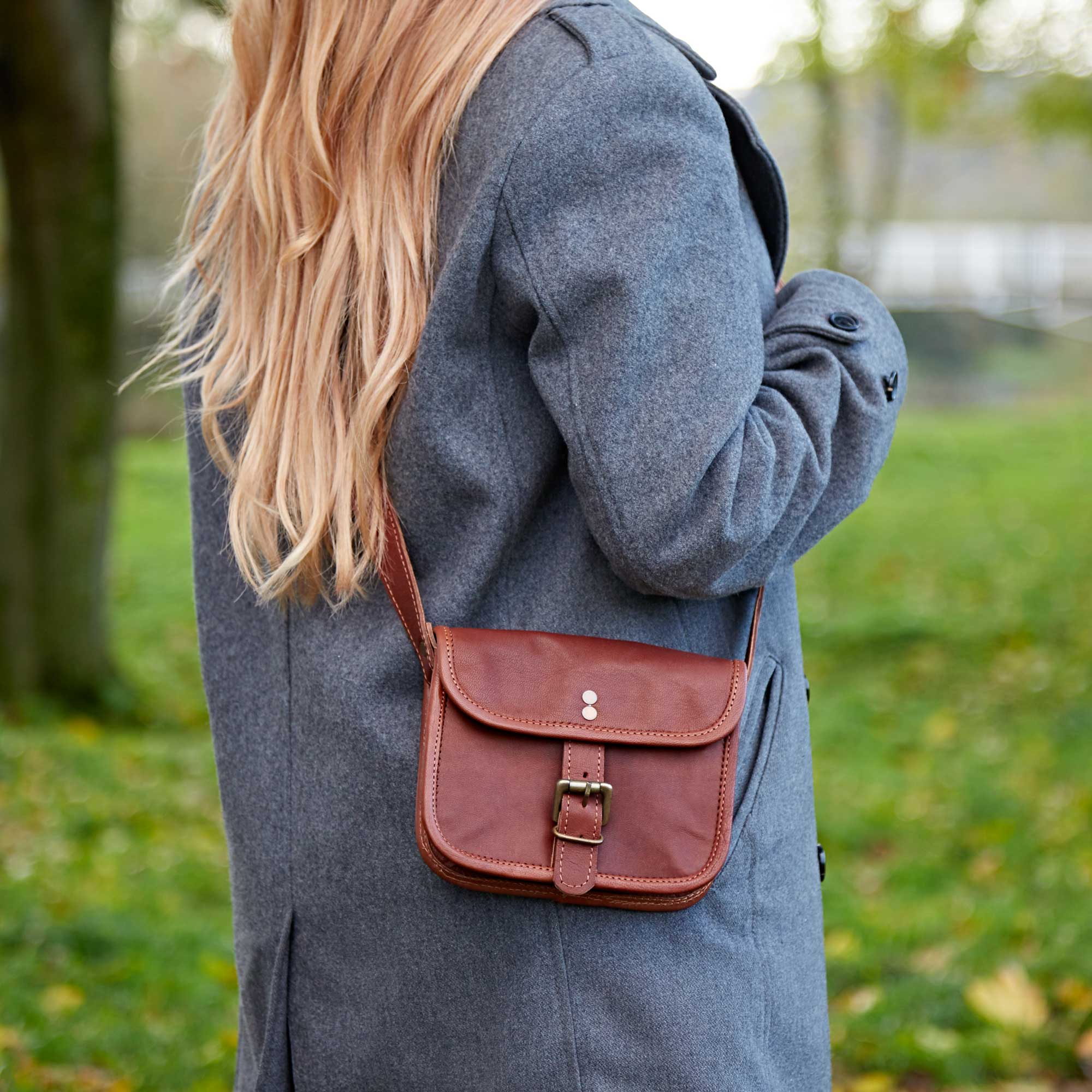 Small Brown Leather Crossbody Satchel Bag - HISB - XS - BR - Uneeka
