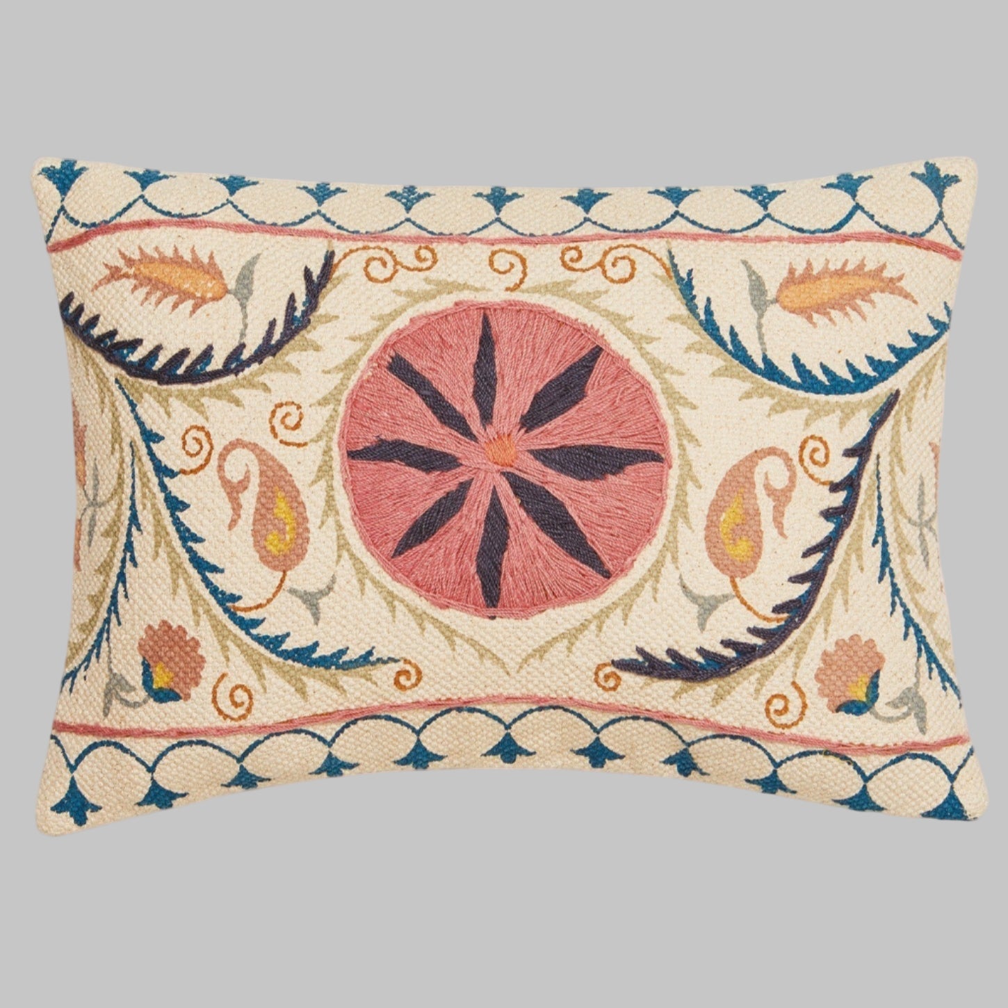 Small Cream Printed Cushion with Suzani Embroidery - CC193 - Uneeka