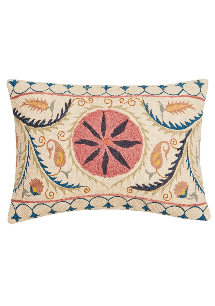 Small Cream Printed Cushion with Suzani Embroidery - CC193 - Uneeka