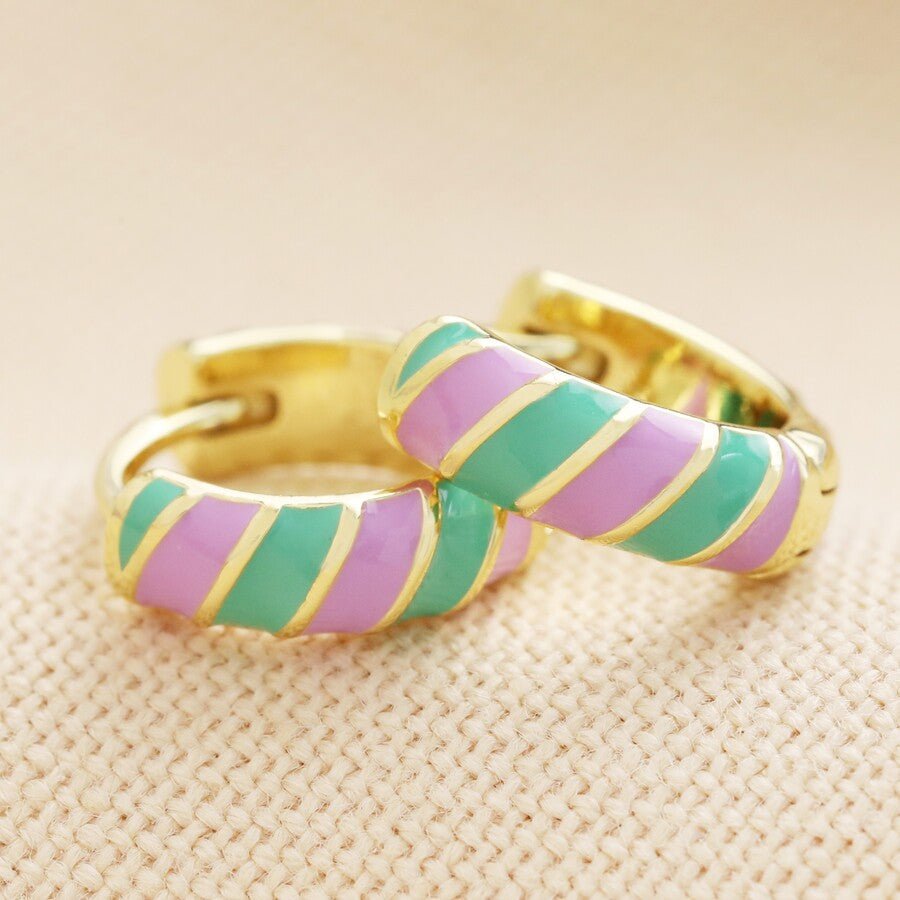 Small Enamel Striped Huggie Hoop Earrings - 66164 - Uneeka