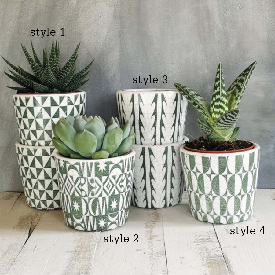 Small Green Assorted Patterned Plant Pots - Uneeka