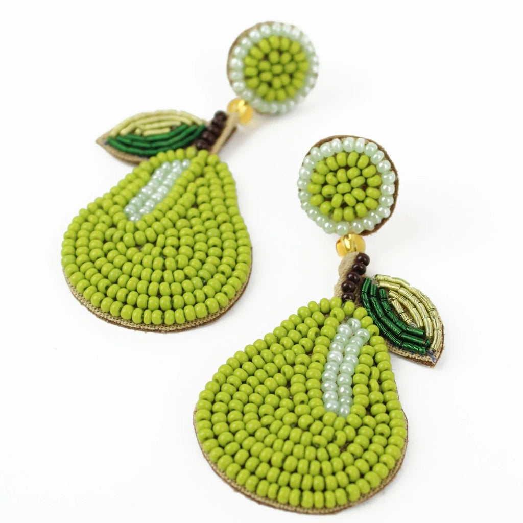 Small Green Pear Beaded Drop Earrings - MINI BEADED PEAR DROP EARRINGS - Uneeka