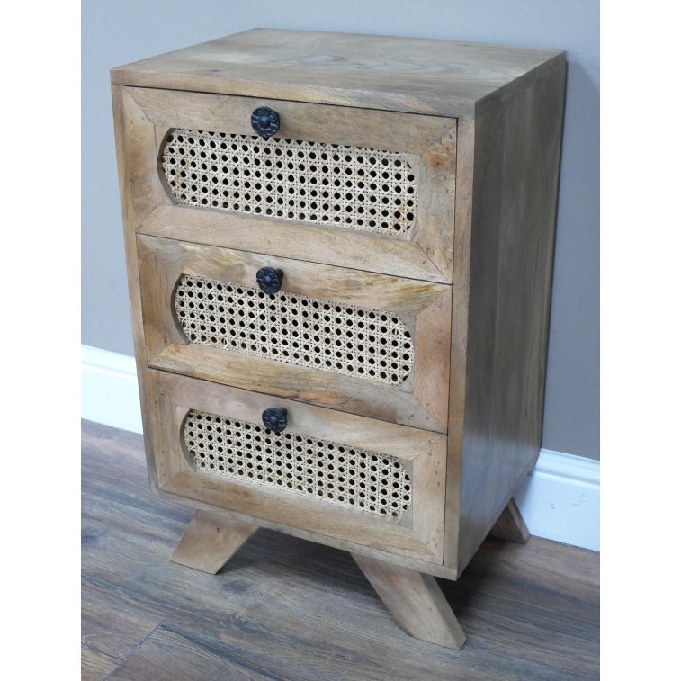 Small Mango Wood & Rattan Three Drawer Bedside Cabinet - 10192 - Uneeka