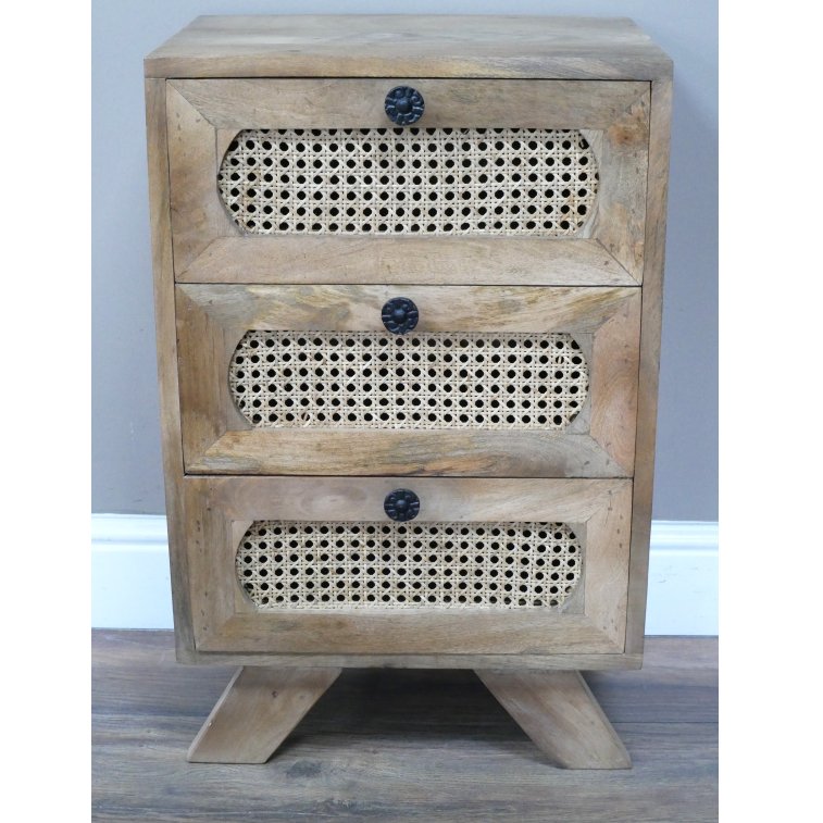 Small Mango Wood & Rattan Three Drawer Bedside Cabinet - 10192 - Uneeka