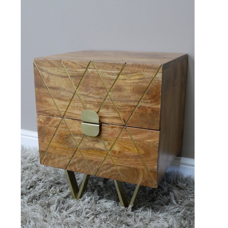 Small Square Style Diamond Brass Detail Bedside Table - 9735 - Uneeka
