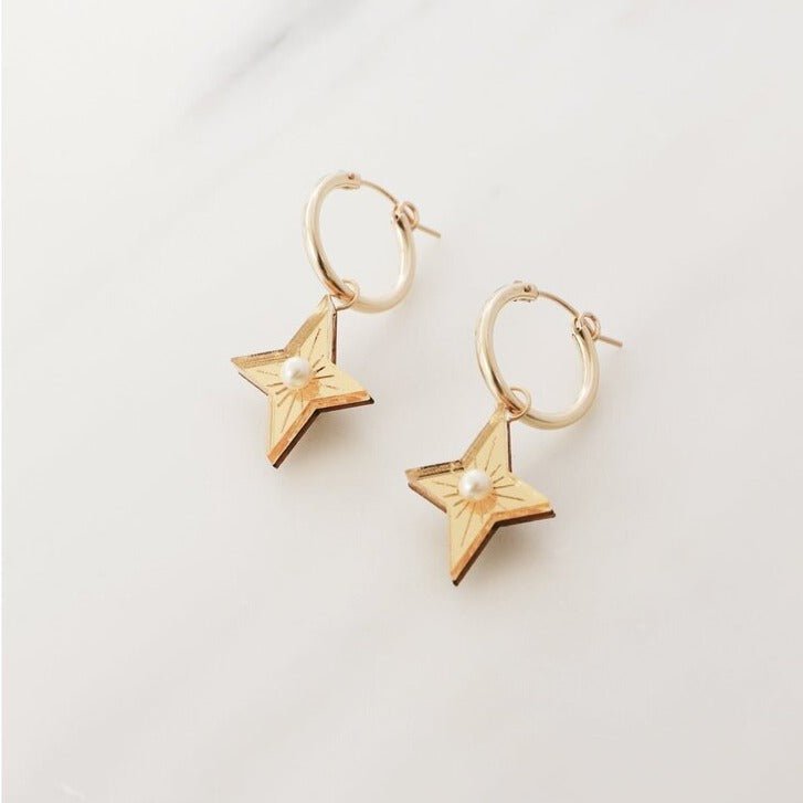 Star with Pearl Detail Gold Hoops* - R0201E - Uneeka