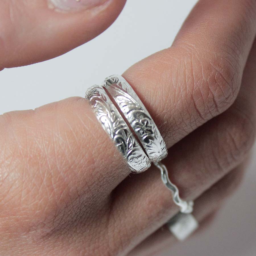 Sterling Silver Floral Patterned Wrap Ring - Patterned Wrap Ring Floral - M Small - Uneeka