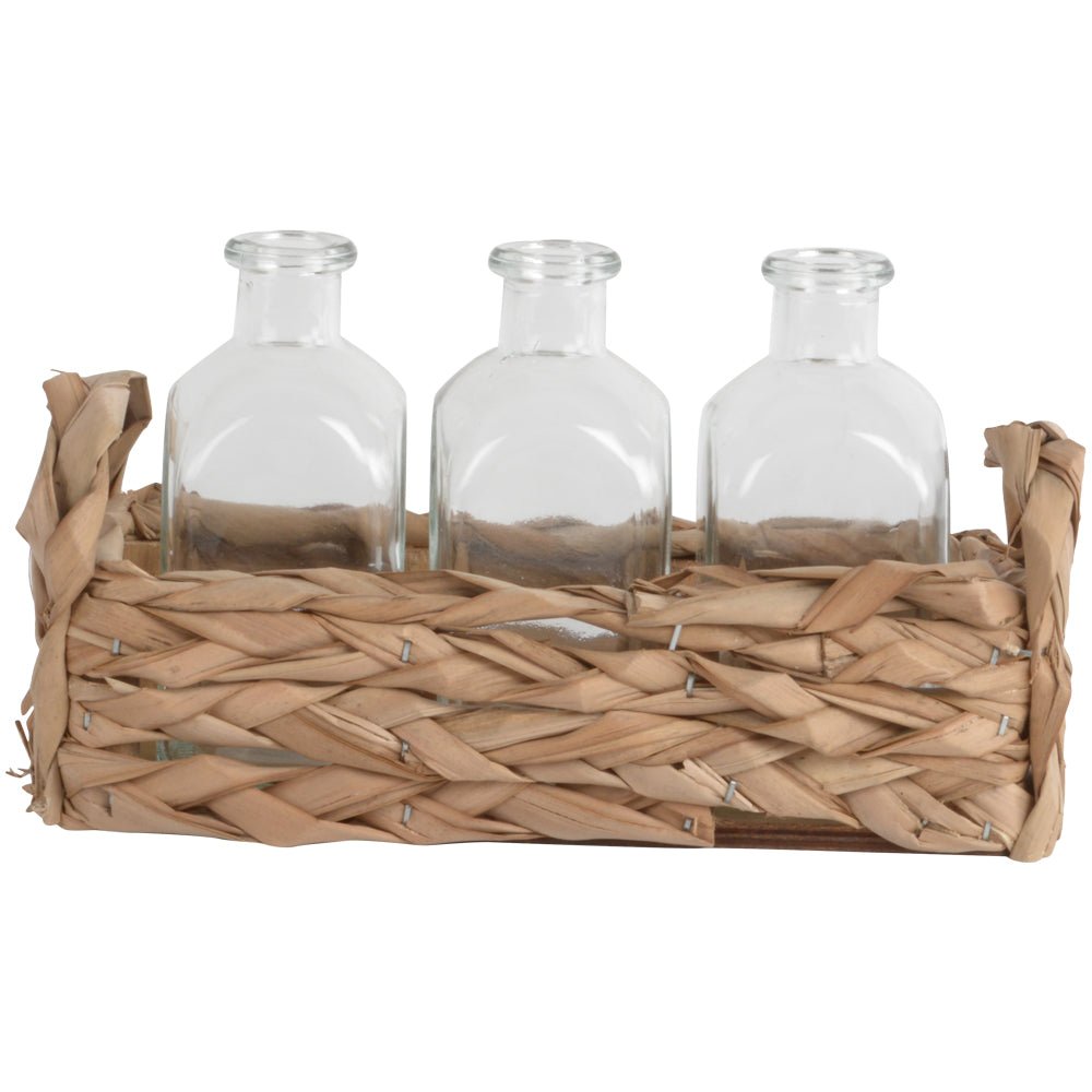 Straw Basket With 3 Glass Bottles - LIN21764 - Uneeka