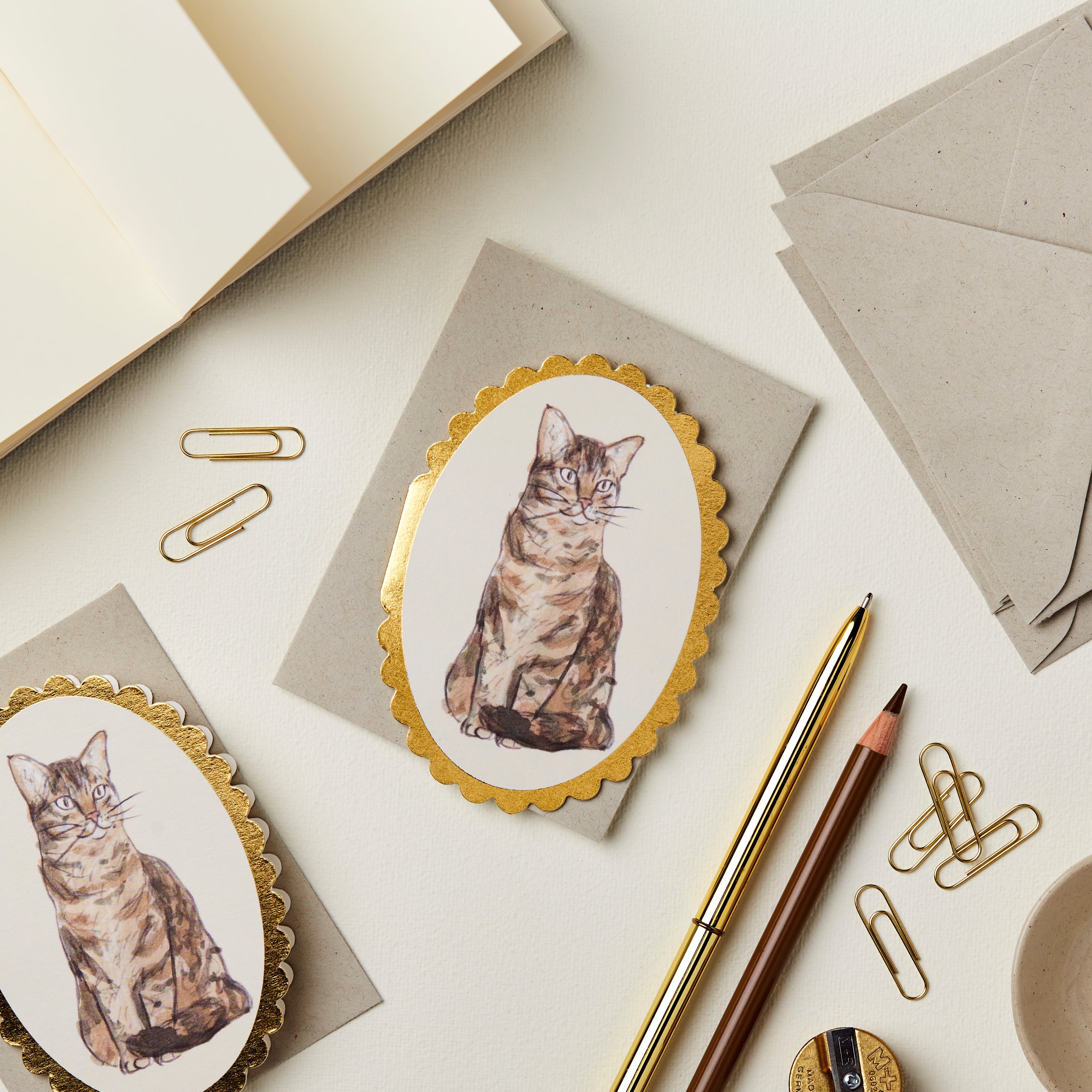 Cat Mini Card Mini Tabby Cat Oval Hand Printed Card | Uneeka