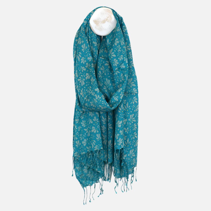 Teal Floral Print Scarf With Fringe Trim - 52903 - Uneeka