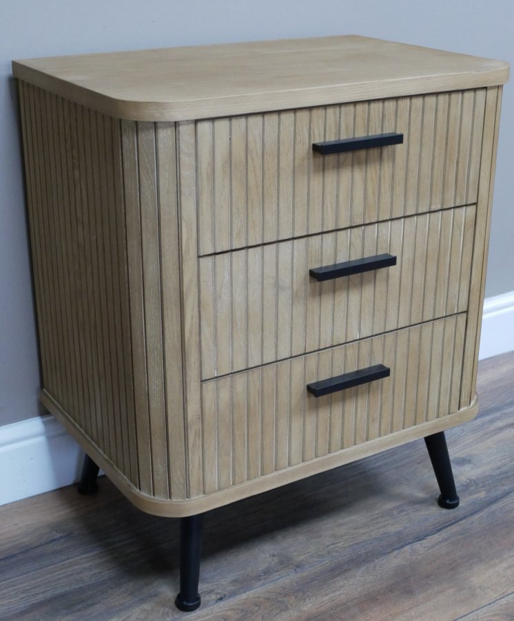 Three Drawer Panelled Fir Wood Bedside Cabinet - 9932 - Uneeka