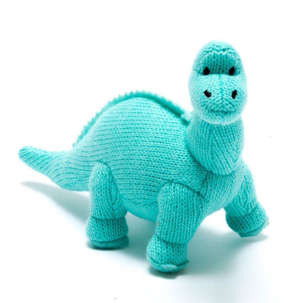 Turquoise Blue Diplodocus Knitted Dinosaur Baby Rattle - BY4181NB - SMALL - Uneeka