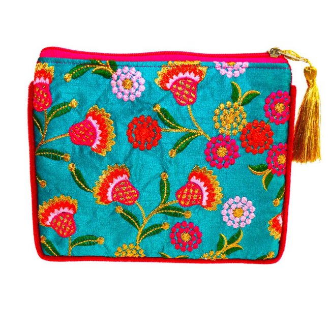 Turquoise Embroidered Flowers Pouch Bag - ASP2178 - Uneeka