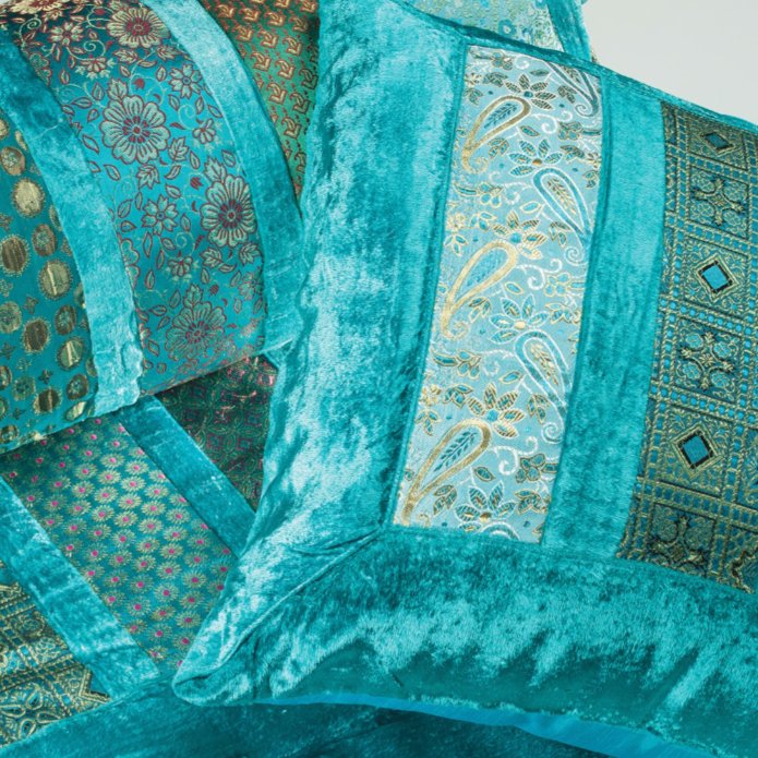 Turquoise Patchwork Velvet & Brocade Cushion - CC34TQ - Uneeka