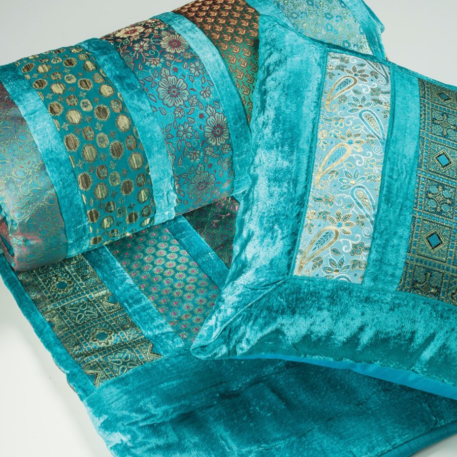 Turquoise Patchwork Velvet & Brocade Indian Quilt - Nicole's Pick - Q34TQ - Uneeka