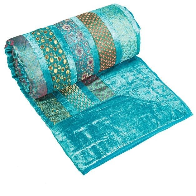 Turquoise Patchwork Velvet & Brocade Indian Quilt - Nicole's Pick - Q34TQ - Uneeka