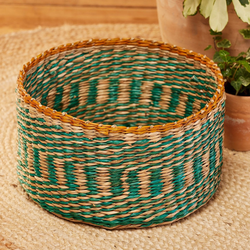 Turquoise Striped Seagrass Round Basket - BSK15 - LARGE - Uneeka